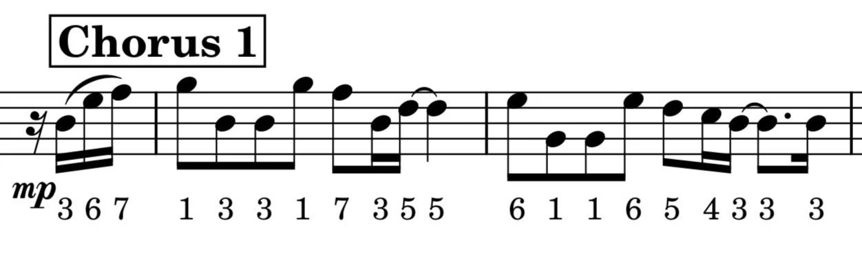 Score excerpt: a sixteenth-note pick-up of 3 6 7 marked mp, leading into Chorus 1