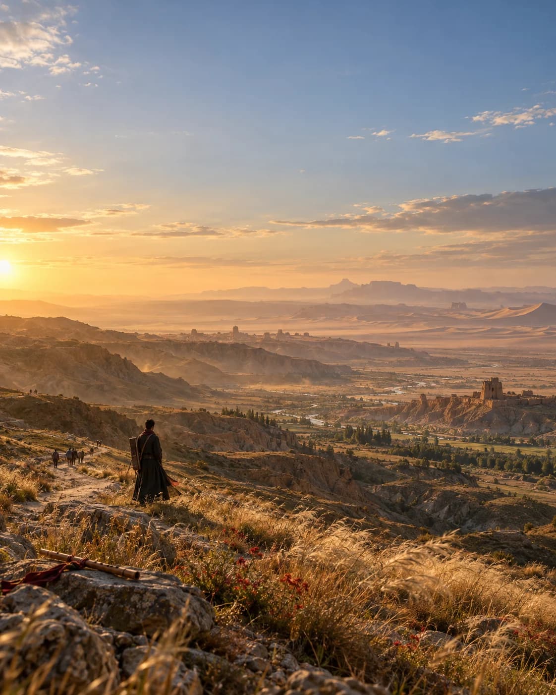 A robed traveller with an instrument case looks over a golden valley and distant desert at sunset, a dizi resting on the rocks